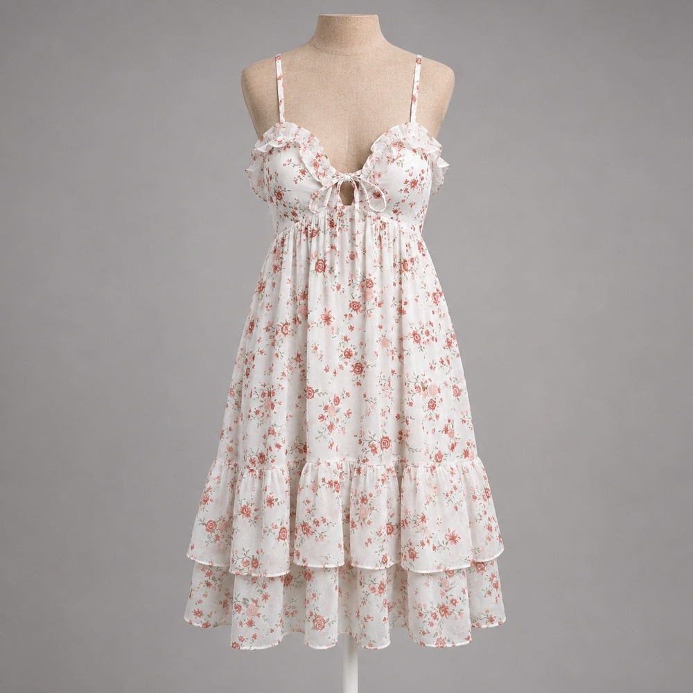 Floral Fairy Sheer Babydoll Peasant Mini Dress Sz S Pink Ruffle Coquette Cottage